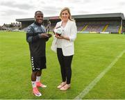 10 August 2017; Fuad Sule of Bohemians is presented with his SSE Airtricity/SWAI Player of the Month Award for July 2017 by Anne McAreavet from SSE Airtricity at Dalymount Park, Phibsborough, in Dublin. Photo by Matt Browne/Sportsfile