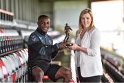 10 August 2017; Fuad Sule of Bohemians is presented with his SSE Airtricity/SWAI Player of the Month Award for July 2017 by Anne McAreavet from SSE Airtricity at Dalymount Park, Phibsborough, in Dublin. Photo by Matt Browne/Sportsfile