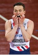 9 August 2017; Karsten Warholm of Norway reacts after winning the final of the Men's 400m Hurdles event during day six of the 16th IAAF World Athletics Championships at the London Stadium in London, England. Photo by Stephen McCarthy/Sportsfile