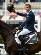 10 August 2017; Bertram Allen of Ireland after winning the Anglesea Serpentine Stakes on Izzy By Picobello at Dublin Horse Show at the RDS in Ballsbridge, Dublin. Photo by Cody Glenn/Sportsfile