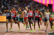 10 August 2017; Athletes, from left, Mahiedine Mekhissi of France, Abdalaati Iguider of Marocco, Jordan Williamsz of Australia, Marcin Lewandowski of Poland, Asbel Kiprop of Kenya, Elijah Motonei Manangoi of Kenya and Timo Benitz of Germany cross the line during their round one heat of the Men's 1500m event during day seven of the 16th IAAF World Athletics Championships at the London Stadium in London, England. Photo by Stephen McCarthy/Sportsfile