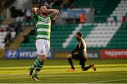 7 August 2017; Brandon Miele of Shamrock Rovers reacts to a missed chance during the EA Sports Cup semi-final match between Shamrock Rovers and Cork City at Tallaght Stadium, in Dublin.  Photo by Piaras Ó Mídheach/Sportsfile