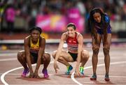 10 August 2017; Athletes, from left, Ristananna Tracey of Jamaica, Zuzana Hejnová of the Czech Republic and Dalilah Muhammad of the USA after the final of the Women's 400m Hurldes event during day seven of the 16th IAAF World Athletics Championships at the London Stadium in London, England. Photo by Stephen McCarthy/Sportsfile