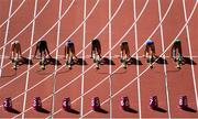 11 August 2017; Athletes wait in their blocks in heat one of the Women's 100m Hurdles event during day eight of the 16th IAAF World Athletics Championships at the London Stadium in London, England. Photo by Stephen McCarthy/Sportsfile