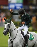 11 August 2017; Betram Allen of Ireland completes a clean first round on Molly Malone V after the Furusiyya FEI Nations Cup presented by Longines at the Dublin International Horse Show at RDS, Ballsbridge in Dublin. Photo by Cody Glenn/Sportsfile