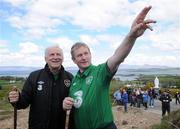 28 April 2012; An Taoiseach Enda Kenny T.D. points out the summit of Croagh Patrick to Republic of Ireland manager Giovanni Trapattoni during the Enda's Trek with Trap's Green Army Charity Climb. Croagh Patrick, Murrisk, Carrowmacloughlin, Co. Mayo. Picture credit: Matt Browne / SPORTSFILE