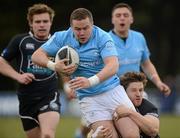 28 April 2012; Alan Gaughan, Garryowen, is tackled by Martin Irwin, Ballymena. Ulster Bank All-Ireland League Cup Final, Ballymena v Garryowen, Templeville Road, Dublin. Picture credit: Oliver McVeigh / SPORTSFILE