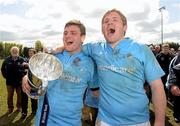 28 April 2012; Garryowen players James Rael, left, and Paul Nevile celebrate with the cup. Ulster Bank All-Ireland League Cup Final, Ballymena v Garryowen, Templeville Road, Dublin. Picture credit: Oliver McVeigh / SPORTSFILE