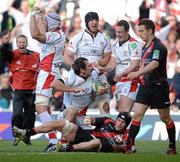 28 April 2012; Pedrie Wannenburg, Ulster, celebrates after scoring his side's first try with team-mates, from left, Dan Tuohy, Stephen Ferris and Willie Faloon. Heineken Cup Semi-Final, Ulster v Edinburgh, Aviva Stadium, Lansdowne Road, Dublin. Picture credit: Brendan Moran / SPORTSFILE