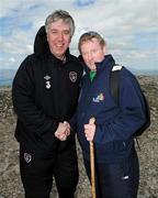 28 April 2012; An Taoiseach Enda Kenny T.D. and FAI chief executive John Delaney at the summit of Croagh Patrick following the Enda's Trek with Trap's Green Army Charity Climb. Croagh Patrick, Murrisk, Carrowmacloughlin, Co. Mayo. Picture credit: Tommy Grealy / SPORTSFILE