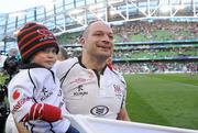 28 April 2012; Ulster's Rory Best, with his son Ben, aged 2, celebrates after the match. Heineken Cup Semi-Final, Ulster v Edinburgh, Aviva Stadium, Lansdowne Road, Dublin. Picture credit: Brendan Moran / SPORTSFILE