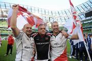 28 April 2012; Ulster head coach Brian McLoughlin with players Rory Best, left, and Stephen Ferris after the game. Heineken Cup Semi-Final, Ulster v Edinburgh, Aviva Stadium, Lansdowne Road, Dublin. Picture credit: Brendan Moran / SPORTSFILE