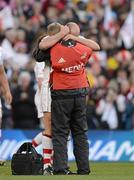 28 April 2012; Rory Best, Ulster, celebrates with Ulster Physiotherapist Gareth Robinson at the final whistle. Heineken Cup Semi-Final, Ulster v Edinburgh, Aviva Stadium, Lansdowne Road, Dublin. Picture credit: Oliver McVeigh / SPORTSFILE