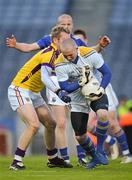 28 April 2012; The Longford goalkeeper Damien Sheridan prepares to clear under pressure from Wexford's P.J. Banville. Allianz Football League, Division 3 Final, Longford v Wexford, Croke Park, Dublin. Picture credit: Ray McManus / SPORTSFILE