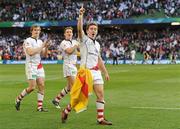 28 April 2012; Paddy Jackson, right, Ulster, along with Andrew Trimble, left, and Craig Gilroy, celebrates at the final whistle. Heineken Cup Semi-Final, Ulster v Edinburgh, Aviva Stadium, Lansdowne Road, Dublin. Picture credit: Oliver McVeigh / SPORTSFILE