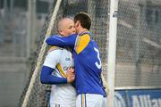 28 April 2012; The Longford goalkeeper, Damien Sheridan, and full back, Barry Gilleran, celebrate after the game. Allianz Football League, Division 3 Final, Longford v Wexford, Croke Park, Dublin. Picture credit: Ray McManus / SPORTSFILE