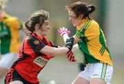 29 April 2012; Erin Farrell, Leitrim, in action against Nicole Mullholland, Down. Bord Gáis Energy Ladies National Football League, Division 3 Semi-Final, Down v Leitrim, Clones, Co. Monaghan. Photo by Sportsfile