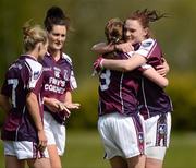 29 April 2012; Barbara Hannon, right, and Clare Hehir, Galway, celebrate at the end of the game. Bord Gáis Energy Ladies National Football League, Division 2 Semi-Final, Clare v Galway, St. Rynagh's GAA, Banagher, Co Offaly. Picture credit: David Maher / SPORTSFILE
