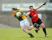 29 April 2012; Aine Tighe, Leitrim, in action against Eliza Downey, Down. Bord Gáis Energy Ladies National Football League, Division 3 Semi-Final, Down v Leitrim, Clones, Co. Monaghan. Photo by Sportsfile