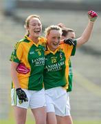 29 April 2012; Deirdre Ward, left, and Kiara Keegan, Leitrim, celebrate at the end of the game. Bord Gáis Energy Ladies National Football League, Division 3 Semi-Final, Down v Leitrim, Clones, Co. Monaghan. Photo by Sportsfile