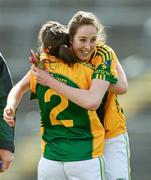 29 April 2012; Mairead Stenson, left, and Aine Tighe, Leitrim, celebrate at the end of the game. Bord Gáis Energy Ladies National Football League, Division 3 Semi-Final, Down v Leitrim, Clones, Co. Monaghan. Photo by Sportsfile