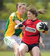 29 April 2012; Nicole Mullholland, Down, in action against Aine Tighe, Leitrim. Bord Gáis Energy Ladies National Football League, Division 3 Semi-Final, Down v Leitrim, Clones, Co. Monaghan. Photo by Sportsfile