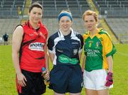 29 April 2012; Referee Yvonne Duffy with Down captain Eliza Downey, left, and Leitrim captain Sinead Fowley. Bord Gáis Energy Ladies National Football League, Division 3 Semi-Final, Down v Leitrim, Clones, Co. Monaghan. Photo by Sportsfile