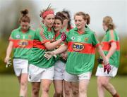 29 April 2012; Mayo players, left to right, Leona Ryder, Aimee Bell and Amy Roddy celebrate at the end of the game. Bord Gáis Energy Ladies National Football League, Division 2 Semi-Final, Kerry v Mayo, St. Rynagh's GAA, Banagher, Co. Offaly. Picture credit: David Maher / SPORTSFILE