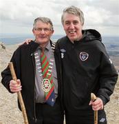 28 April 2012; Councilor Austin Francis O'Malley of Mayo County Council, left, and FAI chief executive John Delaney at the summit of Croagh Patrick following the Enda's Trek with Trap's Green Army Charity Climb. Croagh Patrick, Murrisk, Carrowmacloughlin, Co. Mayo. Picture credit: Tommy Grealy / SPORTSFILE