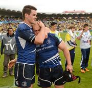 29 April 2012; Jonathan Sexton, left, and Richardt Strauss, Leinster, celebrate victory over ASM Clermont Auvergne. Heineken Cup Semi-Final, ASM Clermont Auvergne v Leinster, Stade Chaban Delmas, Bordeaux, France. Picture credit: Stephen McCarthy / SPORTSFILE