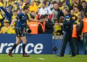 29 April 2012; Leinster's Jonathan Sexton celebrates with head coach Joe Schmidt after victory over ASM Clermont Auvergne. Heineken Cup Semi-Final, ASM Clermont Auvergne v Leinster, Stade Chaban Delmas, Bordeaux, France. Picture credit: Stephen McCarthy / SPORTSFILE