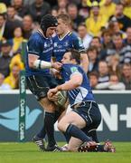 29 April 2012; Cian Healy, Leinster, is congratulated by team-mate Shane Jennings after scoring their side's try against ASM Clermont Auvergne. Heineken Cup Semi-Final, ASM Clermont Auvergne v Leinster, Stade Chaban Delmas, Bordeaux, France. Picture credit: Stephen McCarthy / SPORTSFILE