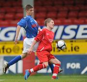 29 April 2012; Ian Long, Cork Youth Leagues, in action against Stephen Hevey, Dublin & District Schoolboys League. FAI Umbro Youth Inter League Cup Final, Dublin & District Schoolboys League v Cork Youth Leagues, Tolka Park, Dublin. Picture credit: Ray Lohan / SPORTSFILE