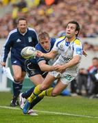 29 April 2012; Morgan Parra, ASM Clermont Auvergne, is tackled by Luke Fitzgerald, Leinster. Heineken Cup Semi-Final, ASM Clermont Auvergne v Leinster, Stade Chaban Delmas, Bordeaux, France. Picture credit: Stephen McCarthy / SPORTSFILE