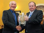 30 April 2012; In attendance at the 13th Annual All-Ireland GAA Golf Challenge launch are former Kilkenny hurler Eddie Keher, left, and Uachtarán Chumann Lúthchleas Gael Liam Ó Néill with the new All-Ireland GAA Golf Challenge Trophy, which is a replica of the Liam MacCarthy Cup. Waterford City, Waterford. Picture credit: Matt Browne / SPORTSFILE