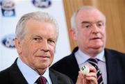 30 April 2012; Former Republic of Ireland International and manager John Giles, left, alongside FAI President Paddy McCaul, draws a ball during the FAI Ford Cup 2012 Second Round Draw. Aviva Stadium, Lansdowne Road, Dublin. Picture credit: David Maher / SPORTSFILE