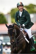 11 August 2017; Cian O'Connor of Ireland celebrates a clear final round on Good Luck during the FEI Nations Cup during the Dublin International Horse Show at RDS, Ballsbridge in Dublin. Photo by Cody Glenn/Sportsfile
