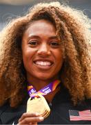 11 August 2017; Kori Carter of the USA after receiving her Women's 400m Hurdles gold medal during day eight of the 16th IAAF World Athletics Championships at the London Stadium in London, England. Photo by Stephen McCarthy/Sportsfile