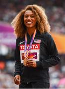 11 August 2017; Kori Carter of the USA after receiving her Women's 400m Hurdles gold medal during day eight of the 16th IAAF World Athletics Championships at the London Stadium in London, England. Photo by Stephen McCarthy/Sportsfile