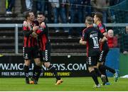 11 August 2017; Dinny Corcoran of Bohemians celebrates with Derek Pender of Bohemians, left after scoring his sides first goal during the Irish Daily Mail FAI Cup First Round match between Finn Harps and Bohemians at Finn Park in Ballybofey, Donegal. Photo by Oliver McVeigh/Sportsfile