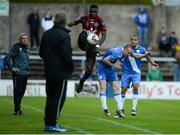 11 August 2017; Ismahil Akinade of Bohemians in action against Tommy McBride of Finn Harps as Finn Harps Manager Ollie Horgan and Bohemians Manager Keith Long look on from the sidelines during the Irish Daily Mail FAI Cup First Round match between Finn Harps and Bohemians at Finn Park in Ballybofey, Donegal. Photo by Oliver McVeigh/Sportsfile