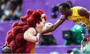 12 August 2017; Usain Bolt of Jamaica with mascot Hero the Hedgehog following round one of the Men's 4x100m Relay event during day nine of the 16th IAAF World Athletics Championships at the London Stadium in London, England. Photo by Stephen McCarthy/Sportsfile