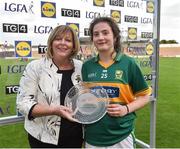 12 August 2017; Hannah O'Donoghue of Kerry is presented with her player of the match award by LGFA President Marie Hickey after the TG4 Ladies Football All-Ireland Senior Championship Quarter-Final match between Kerry and Armagh at Nowlan Park in Kilkenny. Photo by Matt Browne/Sportsfile