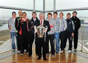 1 May 2012; Ulster GAA President Aogán O'Fearghail, centre, alongside players, from left to right, Ruairi Grugan, Armagh, Aodhan Gallagher, Antrim, Daniel Hughes, Down, Gerard Bradley, Derry, Peter Harte, Tyrone, Darren Hughes, Monaghan, Padraig Reilly, Cavan, Ryan McCluskey, Fermanagh, and Michael Murphy, Donagal, in attendance at the Ulster GAA Senior Football Championship & Ulster Ladies Football launch 2012. Titanic Suite, Titanic Signature Building, Belfast, Co. Antrim. Picture credit: Oliver McVeigh / SPORTSFILE