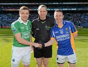28 April 2012; Fermanagh captain Ryan McCluskey, left, and Wicklow captain Leighton Glynn shake hands in front of referee Fergal Kelly before the game. Allianz Football League, Division 4 Final, Fermanagh v Wicklow, Croke Park, Dublin. Picture credit: Ray McManus / SPORTSFILE