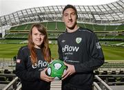 3 May 2012; Republic of Ireland stars Stephen Ward and Ciara Grant today launched the FAI eFlow Summer Soccer Schools programme for 2012. Due to the camps' increasing popularity, interested participants are encouraged to book early to avoid disappointment. Further information can be found at www.summersoccerschools.ie or by calling 1890653653. At the launch are Republic of Ireland stars Stephen Ward and Ciara Grant. Aviva Stadium, Lansdowne Road, Dublin. Picture credit: Brian Lawless / SPORTSFILE