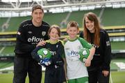 3 May 2012; Republic of Ireland stars Stephen Ward and Ciara Grant today launched the FAI eFlow Summer Soccer Schools programme for 2012. Due to the camps' increasing popularity, interested participants are encouraged to book early to avoid disappointment. Further information can be found at www.summersoccerschools.ie or by calling 1890653653. At the launch are Republic of Ireland stars Stephen Ward, left, and Ciara Grant, right, with Rachel Quinlivan, from Galway, and Chris Dolan, from Donegal. Aviva Stadium, Lansdowne Road, Dublin. Picture credit: Brian Lawless / SPORTSFILE