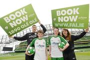 3 May 2012; Republic of Ireland stars Stephen Ward and Ciara Grant today launched the FAI eFlow Summer Soccer Schools programme for 2012. Due to the camps' increasing popularity, interested participants are encouraged to book early to avoid disappointment. Further information can be found at www.summersoccerschools.ie or by calling 1890653653. At the launch are Republic of Ireland stars Stephen Ward, left, and Ciara Grant, right, with Christopher Carew, from Laois, and Tara Berigan, from Meath. Aviva Stadium, Lansdowne Road, Dublin. Picture credit: Brian Lawless / SPORTSFILE