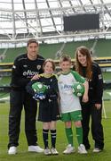 3 May 2012; Republic of Ireland stars Stephen Ward and Ciara Grant today launched the FAI eFlow Summer Soccer Schools programme for 2012. Due to the camps' increasing popularity, interested participants are encouraged to book early to avoid disappointment. Further information can be found at www.summersoccerschools.ie or by calling 1890653653. At the launch is Republic of Ireland stars Stephen Ward, left, and Ciara Grant, right, with Rachel Quinlivan, from Galway, and Chris Dolan, from Donegal. Aviva Stadium, Lansdowne Road, Dublin. Picture credit: Brian Lawless / SPORTSFILE