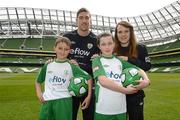 3 May 2012; Republic of Ireland stars Stephen Ward and Ciara Grant today launched the FAI eFlow Summer Soccer Schools programme for 2012. Due to the camps' increasing popularity, interested participants are encouraged to book early to avoid disappointment. Further information can be found at www.summersoccerschools.ie or by calling 1890653653. At the launch are Republic of Ireland stars Stephen Ward and Ciara Grant with stars of the future Chris Dolan and Shannon Cunningham, from Donegal. Aviva Stadium, Lansdowne Road, Dublin. Picture credit: Brian Lawless / SPORTSFILE